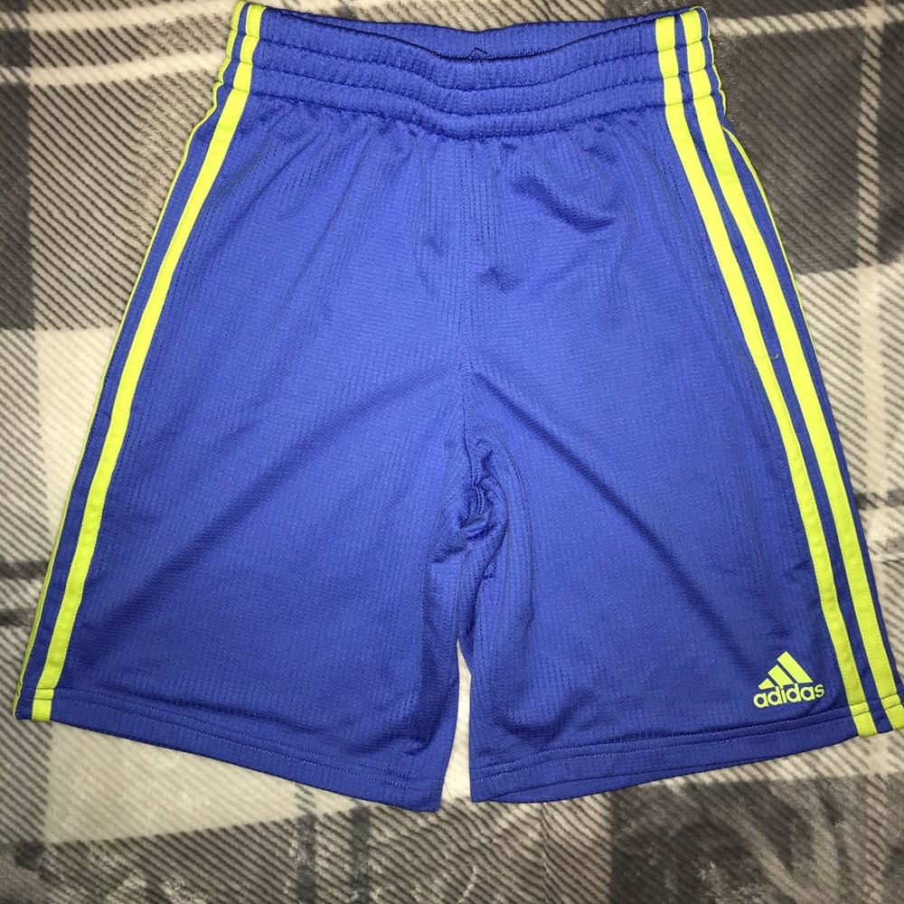 Boys Addidas shorts, blue w/neon green stripes